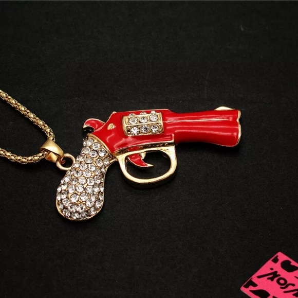 Gold Plated Red Crystal Gun/Pistol Pendant Necklace - Picture 11 of 16